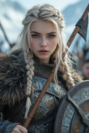 Norse mythology-themed anime female character, braided platinum blonde hair with silver threads, steely blue eyes, wearing rugged Viking armor with intricate runes, holding a decorated shield and axe, Blur the background to create a three-dimensional effect, atmosphere, leading a battle in a Viking settlement with snowy mountains, radiant skin, flowing hair, glossy lips, determined eyes, full body, dynamic pose, life size, perfect anatomy, detailed skin texture, full HD, 4K, HDR, perfect anatomy, depth of field.