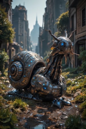 DALL-E 3 prompt: 

A highly detailed robotic snail inspired by the Horizon Zero Dawn universe. The snail has intricate mechanical parts, sleek metallic elements, and advanced technology fused with organic designs. Its shell is a mix of armor plating, circuits, and gears, with glowing blue lights embedded in its structure. The environment is set in a post-apocalyptic world, blending lush greenery, ruined technology, and remnants of the past, creating a contrast between nature and futuristic technology. The style reflects the iconic look of Horizon Zero Dawn machines with a cinematic, immersive atmosphere.