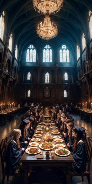 Step into the magnificent Great Hall of Hogwarts School of Witchcraft and Wizardry, where students gather to savor a delightful evening meal in a truly magical setting. The illustration captures the enchanting scene as young witches and wizards fill the long tables, enjoying the camaraderie and nourishment of a shared meal.

The Great Hall is adorned with floating candles, casting a warm glow upon the room. The ceiling, bewitched to resemble the starry night sky, adds a touch of wonder to the atmosphere. Banners representing the four Hogwarts houses—Gryffindor, Hufflepuff, Ravenclaw, and Slytherin—hang proudly, evoking a sense of identity and unity.

Students, dressed in their distinctive Hogwarts robes, gather around the long tables, engaging in lively conversations and laughter. The aroma of delicious food fills the air as platters of magical dishes, including roast meats, hearty stews, and delectable desserts, are set before them.

House-elves, adorned in their tea towels, diligently serve the students, ensuring that every plate is filled with scrumptious offerings. With a wave of their wands and a sprinkling of magic, the tables are replenished with an abundance of food, seemingly endless in its variety and flavor.

The students' faces reflect a range of emotions—from contentment to excitement—as they relish the delectable cuisine and connect with their fellow Hogwarts classmates. The Great Hall buzzes with the energy of shared stories, laughter, and the clinking of cutlery against plates.

Faculty members, including the headmaster or headmistress, preside at the high table, keeping a watchful eye over the students' well-being and fostering a sense of community. Their presence adds an air of wisdom and guidance to the dining experience.

In the background, the grandeur of the Hogwarts castle can be glimpsed through the towering windows, reminding the students of the rich history and tradition that surrounds them. The Great Hall becomes a space for nourishment, not only of the body but also of the mind and spirit.

This depiction of students enjoying dinner in the Great Hall celebrates the importance of communal dining and the bonds forged over shared meals. It invites viewers to imagine themselves as part of this enchanting experience, savoring the flavors of the wizarding world and embracing the warmth and togetherness that Hogwarts offers.