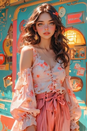 The image depicts a young woman with a radiant smile, her long brown hair adorned with delicate floral accents. She is wearing a charming, pastel-colored outfit consisting of a sleeveless top with a whimsical floral pattern and a voluminous, frilled skirt in a soft pink hue. The woman's pose and expression convey a sense of cheerfulness and lightheartedness, as she stands in front of a bright, colorful backdrop featuring retro-inspired graphics and imagery. The overall aesthetic evokes a playful, nostalgic vibe, blending elements of modern fashion with a vintage flair. While I cannot directly reproduce the copyrighted material, this image showcases the subject's youthful energy and stylistic sensibilities, creating a visually appealing and visually compelling scene. The attention to detail in the woman's outfit and the carefully curated background contribute to the captivating, visually striking nature of this digital illustration.