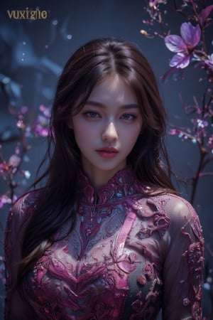 A fantasy piece by the artist Trending Woss featuring a young Asian woman with pink and purple hues illuminating her skin, dressed in a form-fitting garment with glowing floral patterns, surrounded by a magical forest with luminescent plants and twinkling stars, her hair flowing elegantly with a play of light and color creating a mystical and enchanting ambiance.