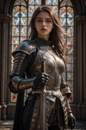 A female knight in shining armor stands tall within a grand cathedral, her gaze fixed on something beyond the frame.  The intricate details of her armor are illuminated by a beam of light, highlighting the strength and determination etched on her face.  The stained glass windows behind her cast a kaleidoscope of colors, adding a sense of majesty and grandeur to the scene.  The knight's sword, held firmly in her gloved hand, is a symbol of her power and unwavering resolve.  The image evokes a sense of awe and wonder, a testament to the enduring power of courage and faith. [Photorealistic digital painting, inspired by the works of  Frank Frazetta and  Boris Vallejo], [Dramatic lighting, focus on the knight's face and her armor, blurred background with a sense of depth, textured surfaces, a sense of power and majesty].