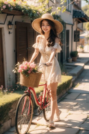 At the entrance of a Mediterranean cottage adorned with vibrant flowers, a young girl stands ready to embark on an adventure, gently pushing her bicycle forward.

The cottage, nestled in the midst of a blossoming garden, emanates a charming and inviting aura. Its whitewashed walls are adorned with cascading bougainvillea, their vivid hues creating a picturesque backdrop for the scene. The air is filled with the sweet fragrance of blooming flowers, adding to the idyllic atmosphere.

With a smile on her face, the girl takes hold of the bicycle's handlebars, her excitement palpable. The bicycle, a faithful companion for her explorations, stands ready for the journey ahead. Its frame, painted in a cheerful color, reflects the girl's vibrant spirit and zest for life.

Dressed in casual attire suitable for her outdoor escapades, the girl exudes an air of youthful energy and freedom. Her attire, perhaps adorned with a sun hat and comfortable shoes, signifies her readiness to embrace the open road and the wonders that lie beyond.

As she prepares to set off, the girl takes a moment to soak in the beauty of her surroundings. The colorful flowers that frame the cottage entrance seem to bid her farewell, their petals dancing in the gentle breeze. The sun casts a warm glow, illuminating her path and filling her heart with anticipation for the adventures that await.

With a final push, the girl propels herself forward, her bicycle gliding effortlessly along the Mediterranean landscape. The wind tousles her hair as she embarks on a journey filled with discovery, joy, and the sheer delight of exploring the world around her.

In this tranquil Mediterranean setting, the young girl's presence brings a touch of innocence and wonder. Against the backdrop of the flower-filled cottage and the promise of the open road, her bicycle becomes a symbol of freedom and the limitless possibilities that lie ahead.