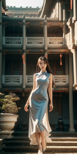 In front of an ancient Huizhou building, a Chinese girl in a slim-fitting cheongsam poses for an artistic photo shoot, as the photographer shoots either far or near to try to capture the essence of Huizhou's elegant, timeless charm. The architectural background is well laid out and distinctive, adding layers to the image.

 The girl's cheongsam was carefully chosen to complement her surroundings, and the subtle tones reflect the tradition of Huizhou. The soft gray and white tones of the ancient buildings complement the girl's dress, creating an atmosphere of serenity and elegance. Exquisite carvings, such as the iconic horse head wall and fine three-dimensional decorations, add artistic detail and epitomize the craftsmanship of Huizhou architecture.

 The minimalist color palette of white walls and black tiles is harmonious and comfortable, paying homage to the historical significance of Huizhou. The walls, doors and windows are free of excessive embellishments, and the same black and white color scheme, illuminated by the light, provides simplicity and sophistication to the entire composition. Meanwhile, the vibrant greenery and well-designed gardens in the courtyard bring freshness and vitality to the image, contrasting sharply with the architectural background.

 As the bountiful girl poses in her cheongsam, her graceful figure, the intricate architectural details, and the carefully designed color palette combine to create a captivating image. This artistic picture not only showcases the enduring beauty of Huizhou, but also conveys the spirit of elegance that has been passed down for thousands of years. The girls' costumes, architectural features and color palettes intertwine to distill the timeless charm of Huizhou and immerse the audience in its rich history and cultural essence.