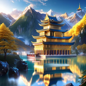 landscape, mountain, river, dai building, golden building, official art, masterpiece, best quality, uniform 8K wallpaper, super detailed, elegant, aesthetic, romanticism, close-up, super detail, medium view, masterpiece, CG, UHD wallpaper