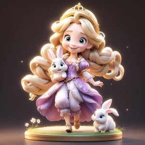 Princess Rapunzel, blonde hair, half-length photo, holding a cute bunny, smiling, fine details, super high resolution, best quality, anime texture,