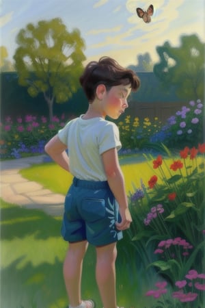  
Realistic oil painting of a summer day in the garden, featuring a little boy wearing shorts and looking for insects while a little girl picks flowers nearby. The scene is captured with vivid colors and intricate details, reminiscent of the works of John Singer Sargent and Edgar Degas. The diffuse lighting adds a dreamy quality to the painting, making it feel like an idyllic memory from childhood.