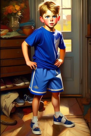 Portrait of a young boy with short blonde hair and blue eyes, wearing a t-shirt, shorts, and sneakers. Vibrant colors reminiscent of Norman Rockwell's iconic paintings. Realistic style with intricate details and lifelike features. Studio lighting to enhance the character's expression and capture the essence of childhood innocence.