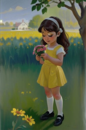 A little girl picks flowers. The scene is captured with vivid colors and intricate details, reminiscent of the works of John Singer Sargent and Edgar Degas. The diffuse lighting adds a dreamy quality to the painting, making it feel like an idyllic memory from childhood.