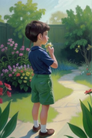 
Realistic oil painting of a summer day in the garden, featuring a little boy wearing shorts and looking for insects while a little girl picks flowers nearby. The scene is captured with vivid colors and intricate details, reminiscent of the works of John Singer Sargent and Edgar Degas. The diffuse lighting adds a dreamy quality to the painting, making it feel like an idyllic memory from childhood.