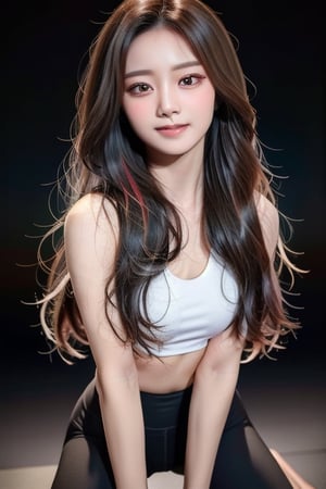 4k, best quality, masterpiece, 20 years old 1 girl, charming smile, yoga pants, yoga moves, yoga mat, photography, realistic, portrait Taiwanese (beautiful and detailed eyes), detailed face, detailed eyes, double eyelids , slim face, real hands, ((long straight hair and long hair: 1.2)), black hair, black background, real person, color splash style photo,