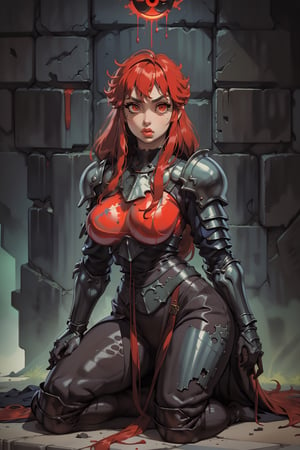 Beautiful 27 year old woman, ((red glowing eyes)), ((strong physique body)), (black hair), long_hair: 1.3, hair braid, bangs, serious look, hourglass body shape, detailed eyes, normal breasts quality, slim waist, upper body knight armor, gauntlets, (detailed armor), lower body armor, broken stone wall, fire surrounding, (((full-body_portrait))), ((full legs)), nodf_lora,Masterpiece,1 girl, highres, score_9_up,score_8_up,score_7_up,green theme,viking,SAM YANG,yunjindef,xiala