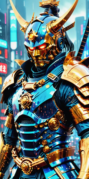 Create a man in futuristix samurai armor, dark blue color, full nano suit , holding plasma katana, background of futuristic tokyo, dark rainy day, highly detailed.,Movie Still,oni style,DonMPl4sm4T3chXL ,DonMCyb3rN3cr0XL 