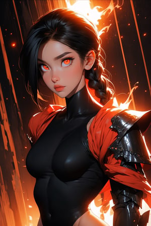 Beautiful 27 year old woman, ((red glowing eyes)), ((strong physique body)), (black hair), long_hair: 1.3, hair braid, bangs, serious look, hourglass body shape, detailed eyes, normal breasts quality, slim waist, (((strong physique body))), upper body knight armor, gauntlets, (detailed armor), lower body armor, broken stone floor, broken stone wall, fire surrounding, ((full-body_portrait))