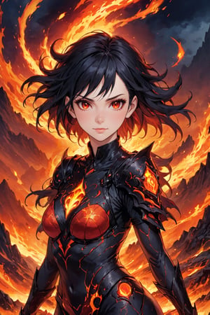 fyre colors picture about demonic female as a game character, we see incredibly beautiful creation with evil smile, she is a magma creation, very beautiful and dangerous also, cooled magma is her clothes, dystopic landscape, black hair, red eyes, (((masterpiece))), e, (((manga style))), insanely detailed, (((masterpiece))), best quality, 8k, ultra high res, High contrast and low saturation, by badabum27