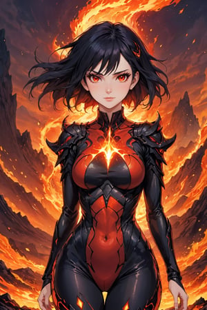 fyre colors picture about demonic female as a game character, we see incredibly beautiful creation with evil smile, she is a magma creation, very beautiful and dangerous also, cooled magma is her clothes, dystopic landscape, black hair, red eyes, medium breast, (((masterpiece))), e, (((manga style))), insanely detailed, (((masterpiece))), best quality, 8k, ultra high res, High contrast and low saturation, by badabum27