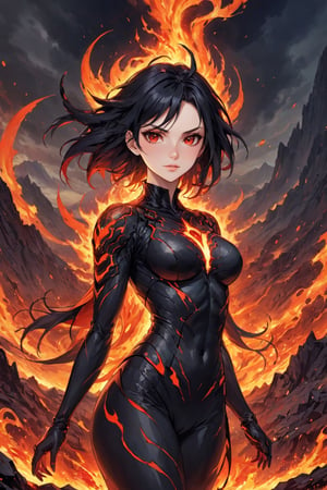 fyre colors picture about demonic female as a game character, we see incredibly beautiful creation with evil smile, she is a magma creation, very beautiful and dangerous also, cooled magma is her clothes, dystopic landscape, black hair, red eyes, medium breast, (((masterpiece))), e, (((manga style))), insanely detailed, (((masterpiece))), best quality, 8k, ultra high res, High contrast and low saturation, by badabum27