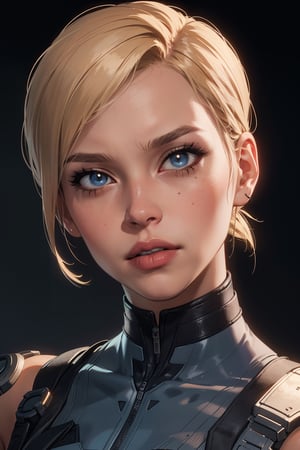 Portrait of Cassie Cage from the Mortal Kombat game. Blonde, (((masterpiece))), e, (((manga style))), insanely detailed, (((masterpiece))), best quality, 8k, ultra high res, High contrast and low saturation, Cassie,Cassie