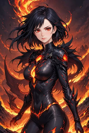 fyre colors picture about demonic female as a game character, we see incredibly beautiful creation with evil smile, she is a magma creation, very beautiful and dangerous also, cooled magma is her clothes, dystopic landscape, black hair, red eyes, medium breast, (((masterpiece))), e, (((manga style))), insanely detailed, (((masterpiece))), best quality, 8k, ultra high res, High contrast and low saturation, by badabum27