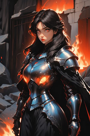 Beautiful 27 year old woman, ((red glowing eyes)), ((strong physique body)), (black hair), long_hair: 1.3, hair braid, bangs, serious look, hourglass body shape, detailed eyes, normal breasts quality, slim waist, (((strong physique body))), upper body knight armor, gauntlets, (detailed armor), lower body armor, broken stone floor, broken stone wall, fire surrounding, ((full-body_portrait)),nodf_lora,Masterpiece,1 girl ,disney pixar style,highres,score_9_up,score_8_up,score_7_up