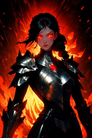 Beautiful 27 year old woman, ((red glowing eyes)), ((strong physique body)), (black hair), long_hair: 1.3, hair braid, bangs, serious look, hourglass body shape, detailed eyes, normal breasts quality, slim waist, (((strong physique body))), upper body knight armor, gauntlets, (detailed armor), lower body armor, broken stone floor, broken stone wall, fire surrounding, ((full-body_portrait))