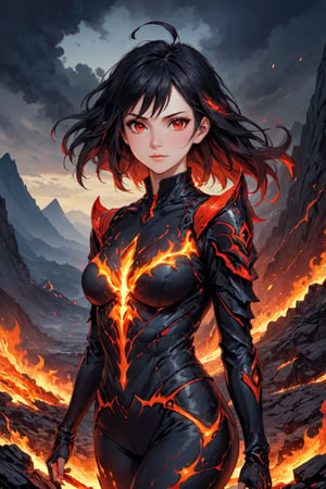 fyre colors picture about demonic female as a game character, we see incredibly beautiful creation with evil smile, she is a magma creation, very beautiful and dangerous also, cooled magma is her clothes, dystopic landscape, black hair, red eyes, (((masterpiece))), e, (((manga style))), insanely detailed, (((masterpiece))), best quality, 8k, ultra high res, High contrast and low saturation, by badabum27