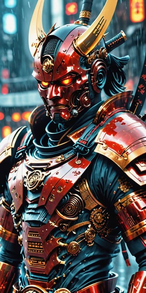 Create a man in futuristix samurai armor, blood red colour, full nano suit , holding plasma katana, background of old tokyo, dark rainy day, highly detailed.,Movie Still,oni style,DonMPl4sm4T3chXL ,DonMCyb3rN3cr0XL 