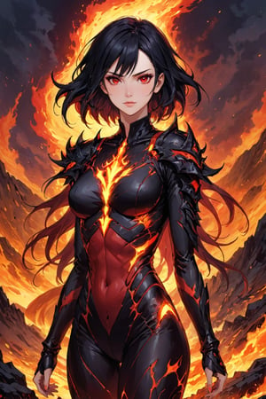 fyre colors picture about demonic female as a game character, we see incredibly beautiful creation with evil smile, she is a magma creation, very beautiful and dangerous also, cooled magma is her clothes, dystopic landscape, black hair, red eyes, medium breast, (((masterpiece))), e, (((manga style))), insanely detailed, (((masterpiece))), best quality, 8k, ultra high res, High contrast and low saturation, by badabum27