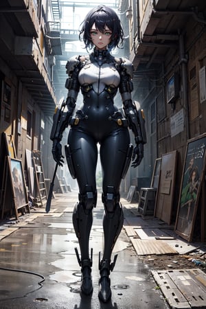 full body girl, (masterpiece+artwork+best quality+better), (extremely detailed 8k CG unity wallpaper), (environment details+detailed particles), {a cute girl+dark skin+intense+bright green detailed eyes}, [cute place background+soap bubbles+rustic lighting+steampunk+cyberpunk clothes], full_body., Energy light particle mecha