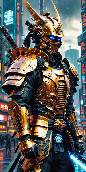 Create a man in futuristix samurai armor, black color, full nano suit , holding plasma katana, background of futuristic tokyo, dark rainy day, highly detailed.,Movie Still,oni style,DonMPl4sm4T3chXL ,DonMCyb3rN3cr0XL 