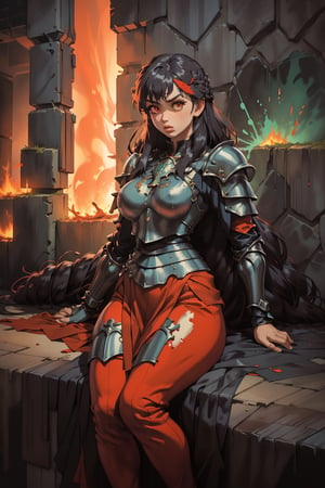 Beautiful 27 year old woman, ((red glowing eyes)), ((strong physique body)), (black hair), long_hair: 1.3, hair braid, bangs, serious look, hourglass body shape, detailed eyes, normal breasts quality, slim waist, upper body knight armor, gauntlets, (detailed armor), lower body armor, broken stone wall, fire surrounding, (((full-body_portrait))), ((full legs)), nodf_lora,Masterpiece,1 girl, highres, score_9_up,score_8_up,score_7_up,green theme,viking,SAM YANG,yunjindef,xiala