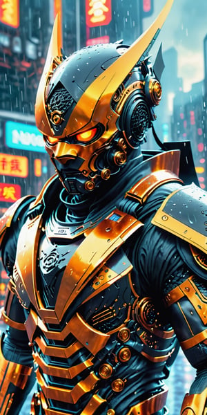 Create a man in futuristic ninja armor, black armor, full nano suit, background of futuristic tokyo, dark rainy day, highly detailed.,Movie Still,oni style,DonMPl4sm4T3chXL ,DonMCyb3rN3cr0XL 