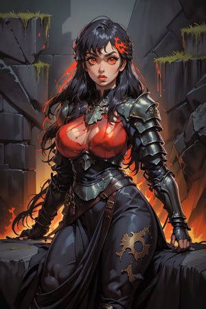 Beautiful 27 year old woman, ((red glowing eyes)), ((strong physique body)), (black hair), long_hair: 1.3, hair braid, bangs, serious look, hourglass body shape, detailed eyes, normal breasts quality, slim waist, upper body knight armor, gauntlets, (detailed armor), lower body armor, broken stone wall, fire surrounding, (((full-body_portrait))), ((correct legs)), nodf_lora,Masterpiece,1 girl, highres, score_9_up,score_8_up,score_7_up,green theme,viking,SAM YANG,yunjindef,xiala