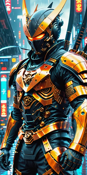 Create a man in futuristix ninja armor, black color, full nano suit , holding plasma katana, background of futuristic tokyo, dark rainy day, highly detailed.,Movie Still,oni style,DonMPl4sm4T3chXL ,DonMCyb3rN3cr0XL 