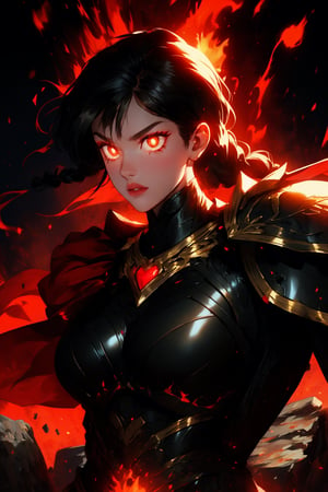 Beautiful 27 year old woman, ((red glowing eyes)), ((strong physique body)), (black hair), long_hair: 1.3, hair braid, bangs, serious look, hourglass body shape, detailed eyes, normal breasts quality, slim waist, (((strong physique body))), upper body knight armor, gauntlets, (detailed armor), lower body armor, broken stone floor, broken stone wall, fire surrounding, ((full-body_portrait))