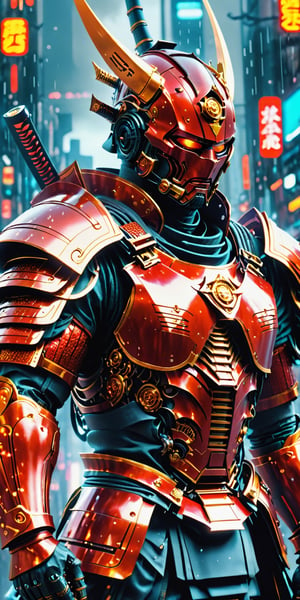 Create a man in futuristix samurai armor, dark red colour, full nano suit , holding plasma katana, background of futuristic tokyo, dark rainy day, highly detailed.,Movie Still,oni style,DonMPl4sm4T3chXL ,DonMCyb3rN3cr0XL 