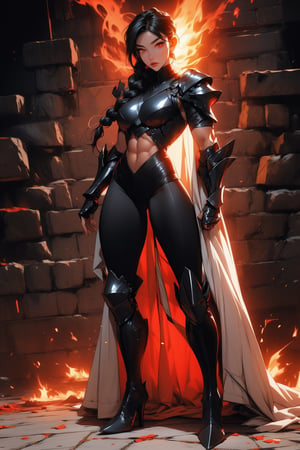 Beautiful 27 year old woman, ((red glowing eyes)), ((strong physique body)), (black hair), long_hair: 1.3, hair braid, bangs, serious look, hourglass body shape, detailed eyes, normal breasts quality, slim waist, (((strong physique body))), upper body knight armor, gauntlets, (detailed armor), lower body armor, broken stone floor, broken stone wall, fire surrounding, ((full-body_portrait))