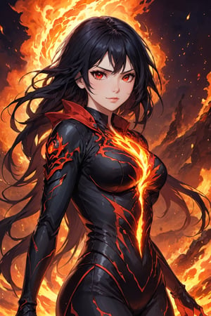 fyre colors picture about demonic female as a game character, we see incredibly beautiful creation with evil smile, she is a magma creation, very beautiful and dangerous also, cooled magma is her clothes, dystopic landscape, black hair, red eyes, medium breast, (((masterpiece))), e, (((manga style))), insanely detailed, (((masterpiece))), best quality, 8k, ultra high res, High contrast and low saturation, by badabum27