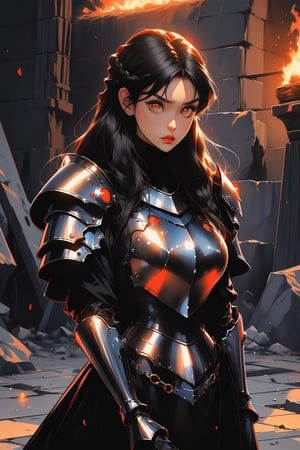 Beautiful 27 year old woman, ((red glowing eyes)), ((strong physique body)), (black hair), long_hair: 1.3, hair braid, bangs, serious look, hourglass body shape, detailed eyes, normal breasts quality, slim waist, (((strong physique body))), upper body knight armor, gauntlets, (detailed armor), lower body armor, broken stone floor, broken stone wall, fire surrounding, ((full-body_portrait)),nodf_lora,Masterpiece,1 girl ,disney pixar style,highres,score_9_up,score_8_up,score_7_up