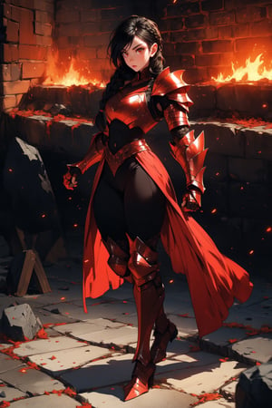 Beautiful 27 year old woman, ((red glowing eyes)), ((strong physique body)), (black hair), long_hair: 1.3, hair braid, bangs, serious look, hourglass body shape, detailed eyes, normal breasts quality, slim waist, (((strong physique body))), upper body knight armor, gauntlets, (detailed armor), lower body armor, broken stone floor, broken stone wall, fire surrounding, ((full-body_portrait))