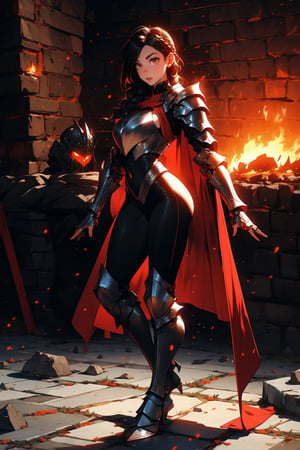 Beautiful 27 year old woman, ((red glowing eyes)), ((strong physique body)), (black hair), long_hair: 1.3, hair braid, bangs, serious look, hourglass body shape, detailed eyes, normal breasts quality, slim waist, (((strong physique body))), upper body knight armor, gauntlets, (detailed armor), lower body armor, broken stone floor, broken stone wall, fire surrounding, ((full-body_portrait))