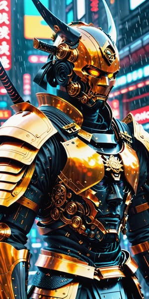 Create a man in futuristix samurai armor, black color, full nano suit , holding plasma katana, background of futuristic tokyo, dark rainy day, highly detailed.,Movie Still,oni style,DonMPl4sm4T3chXL ,DonMCyb3rN3cr0XL 