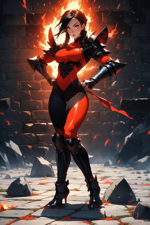 Beautiful 27 year old woman, ((red glowing eyes)), ((strong physique body)), (black hair), long_hair: 1.3, hair braid, bangs, serious look, hourglass body shape, detailed eyes, normal breasts quality, slim waist, (((strong physique body))), upper body knight armor, gauntlets, (detailed armor), lower body armor, broken stone floor, broken stone wall, fire surrounding, ((full-body_portrait))