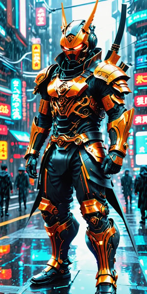 Create a man in futuristic ninja armor, black armor, full nano suit, background of futuristic tokyo, dark rainy day, highly detailed.,Movie Still,oni style,DonMPl4sm4T3chXL ,DonMCyb3rN3cr0XL 