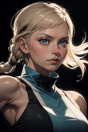 Portrait of Sonia Blade from the Mortal Kombat game. Blonde, blue eyes, (((masterpiece))), e, (((manga style))), insanely detailed, (((masterpiece))), best quality, 8k, ultra high res, High contrast and low saturation,Sonya Blade