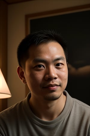 A photography piece captured with a 35mm lens, inspired by the style of Annie Leibovitz, showcasing a 34-year-old male asian writer, David Chen, who specializes in tech breakthrough articles. The color temperature is warm, with a focused and thoughtful facial expression, natural lighting, and a comfortable atmosphere.