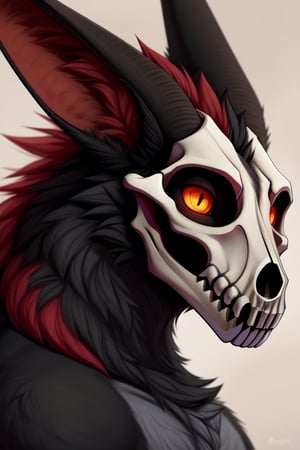 Please create for me a bust portrait of a ((skulldog)) wendigo with ((shaggy black and red fur)), ((jackal ears)), a (((wolf skull for a head))), and horns.

front_view,black_body,furred_dragon,orange_eyes,scales,horns,eastern_dragon,antlers,in_profile,head_shot

Please fit the subject in frame.