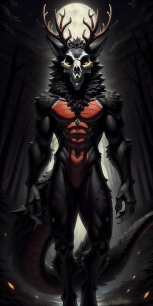 full frontal body image of a solo femboy ((male)) ((jackal)) (wendigo), ((shaggy black and red fur)), ((jackal ears)), a (((wolf skull for a head))), red chest, red stomach, scales on stomach, scales on chest, ((antlers)), red claws, ((dragon tail)). He is slender, sleek, skinny, lean ((emaciated, skinny, gaunt)). Moonlit forest

skulldog,front_view,black_body,digitigrade,furred_dragon,orange_eyes,scales,finger_claws,pawpads,solo,horns,eastern_dragon,antlers,
,portrait,firefliesfireflies,horror (theme),best quality,sakimichan