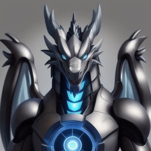 a profile headshot concept of an anthro armored dragon, (solo), (((anthro silver dragon))), Bahamut style dragon in Iron Man Armor, ((small blue arc reactor)), ((silver wings)), metal wings, armored wings, (metal dragon head), mouth open, charging energy,  Iron Man,dragon,leviathandef, no humans,white dragon,mecha dragon,dragonmaidsheou,Chinese dragon,zinogre,Warframe