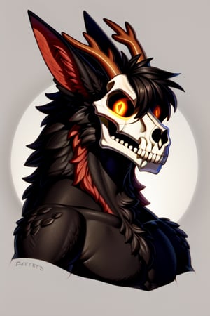 Please create for me a head shot image of a solo femboy ((male)) ((jackal)) (wendigo) furry eastern (dragon) with ((shaggy black and red fur)), ((jackal ears)), a (((wolf skull for a head))), horns, red claws, long (dragon tail) with fluffy red tuft. He is slender, sleek, skinny, lean ((emaciated, skinny, gaunt)). He's in a night time foggy forest.

front_view,black_body,digitigrade,furred_dragon,orange_eyes,scales,finger_claws,pawpads,tail,solo,horns,eastern_dragon,antlers,in_profile,head_shot,diphallism

Please fit the subject in frame, do not cut off the antlers or ears. Thank you.